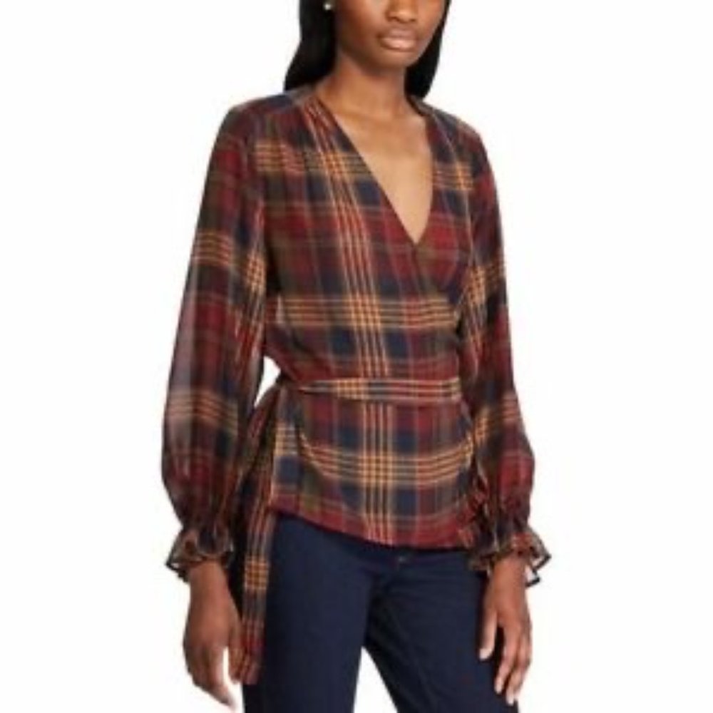 CHAPS brown red navy blue sheer wrap blouse EUC